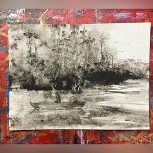 Original fishing Painting Serene River Scene Rowboat landscape Art by Artettina